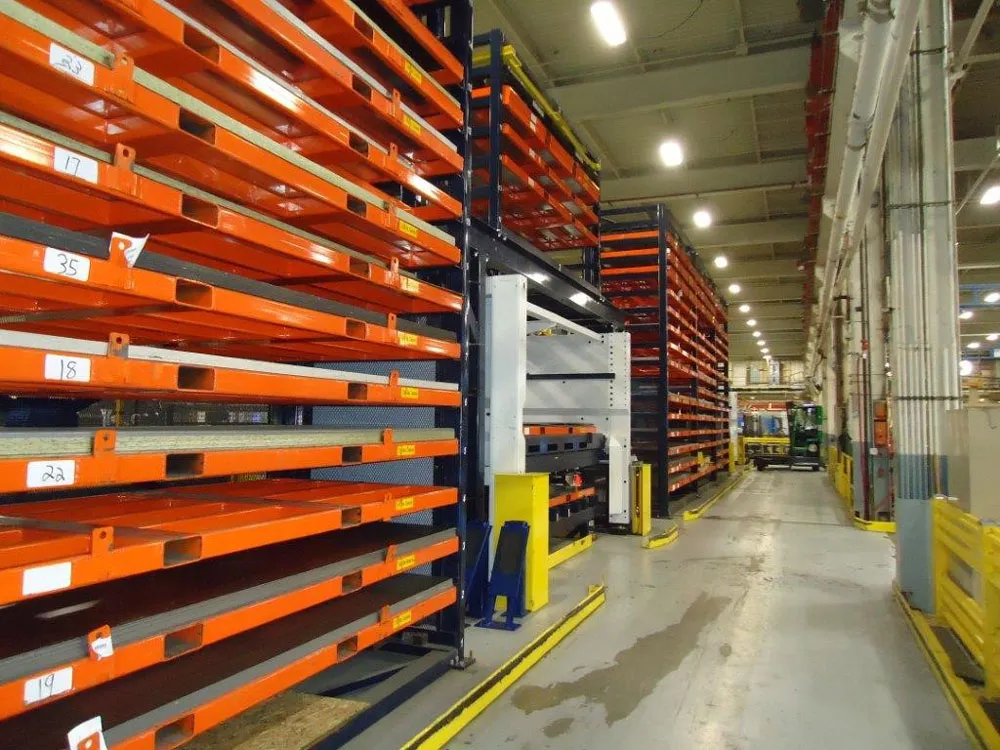 sheet metal stacker with fork pockets in use